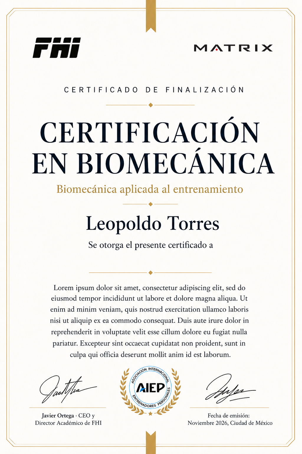 Diploma de la Certificación en Biomecánica por FHI